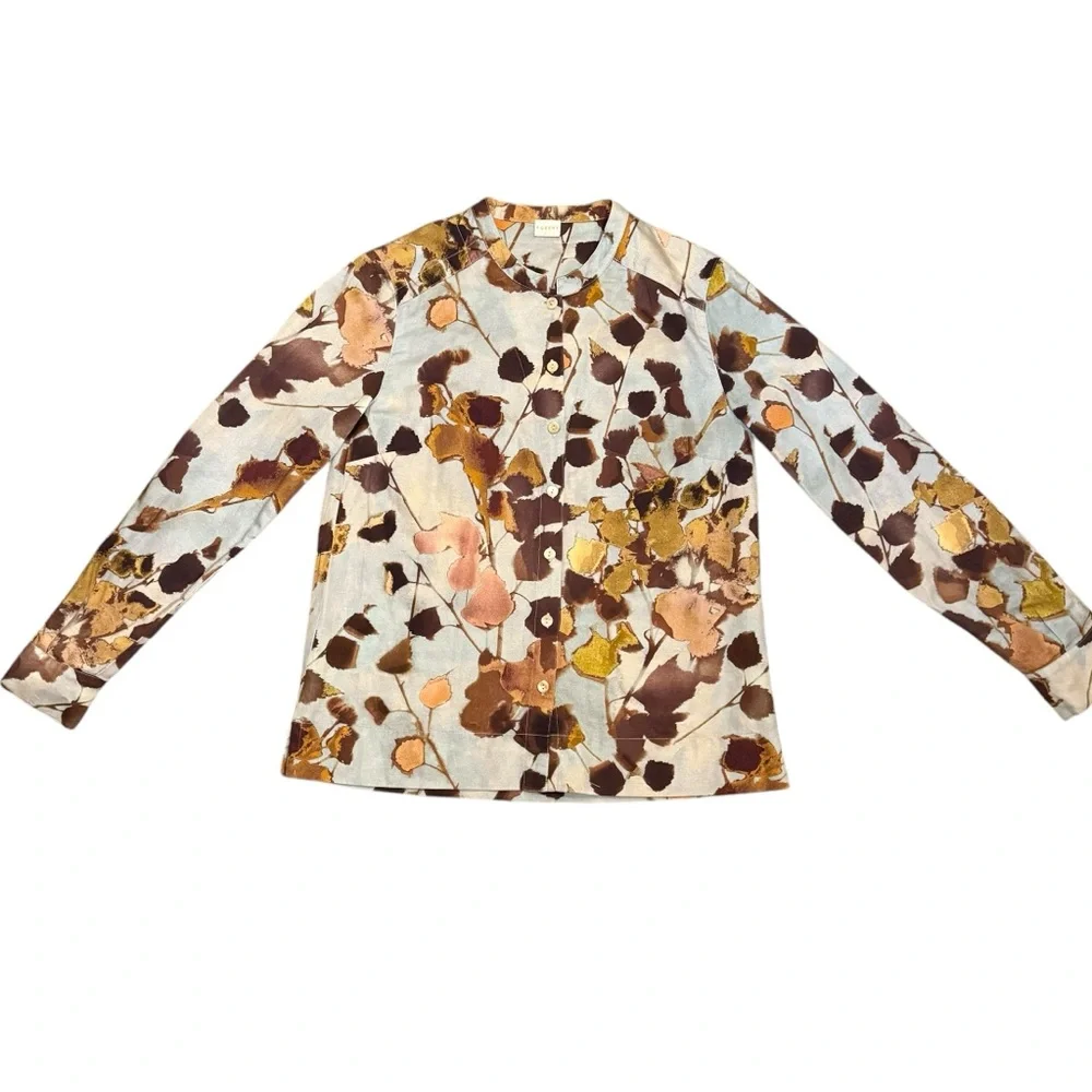 POETRY Linen Cotton Print Long Sleeve Button Down Mandarin Collar Blouse Size 4